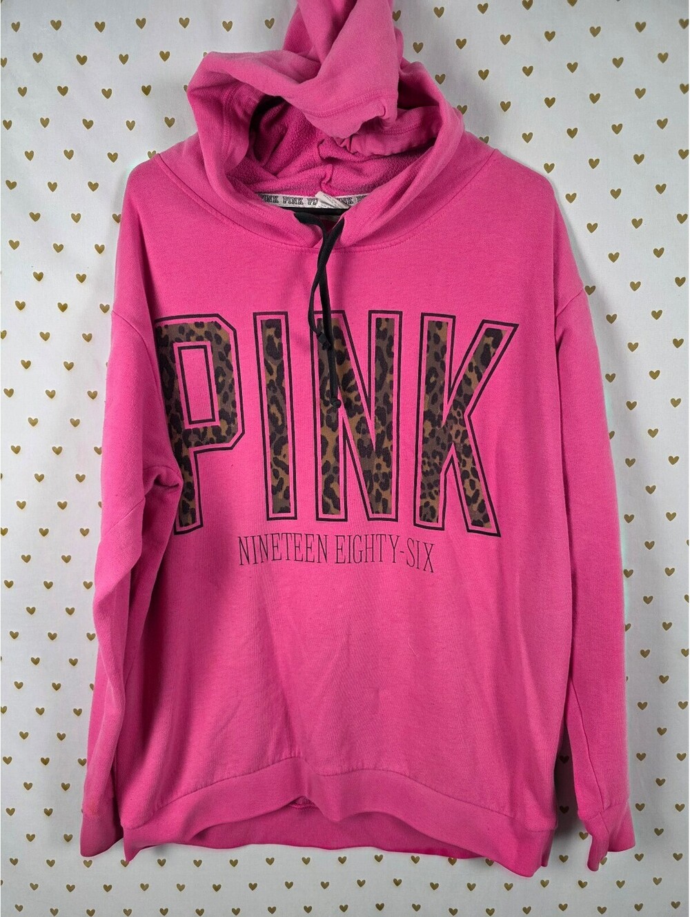 Victorias Secret Pink Leopard Cheetah Logo Oversized Pullover Hoodie Sweater MED